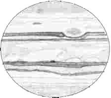 [Illustration: JUPITER. From a drawing by E. M. Antoniadi, showing transit of a satellite's shadow, the belts, and the great red spot