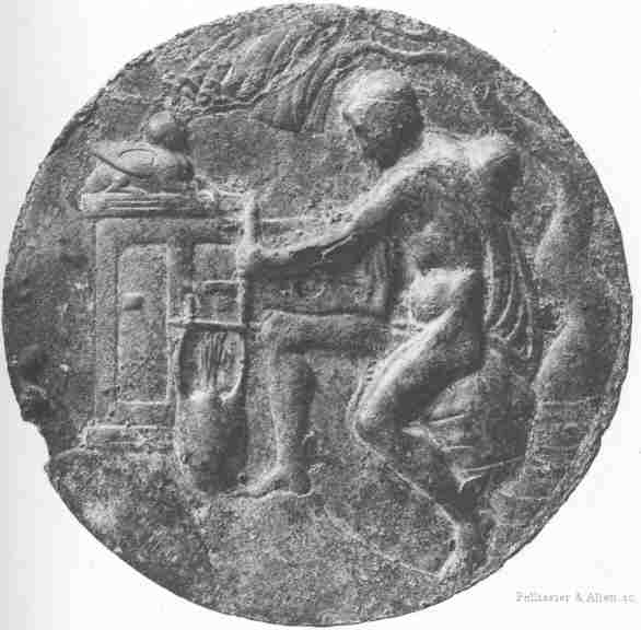 Hermes making the lyre. Bronze relief in the British Museum (Fourth Century B.C.)