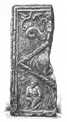 Roman sculptured stone found at Arniebog, Cumbernauld, Dumbartonshire, showing a naked Briton as a captive