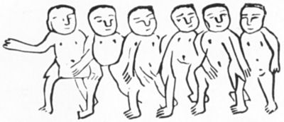 Chinese representation of pygmies going about arm-in-arm for mutual protection (from Moseley's "Note by a Naturalist on H.M.S. Challenger")