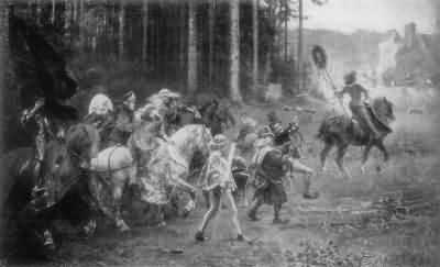 A painting showing a wedding party on horseback, with a group of musicians on foot. They are travelling past the edge of a wood towards a castle in the distance.