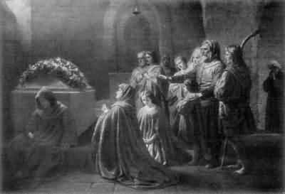 A painting showing a group of people standing and kneeling at prayer around the sarcophagus of Henry IV. A monk sits at the base of the sarcophagus, which has a mass of flowers on the lid.