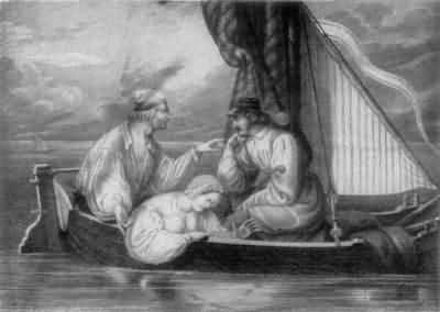 A painting showing two men and a woman sitting in the stern of a small sailboat. One of the men is talking, while the other listens, his chin resting on his hand. The woman sits in the bottom of the boat, looking down into the water.