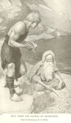FINN FINDS THE SALMON OF KNOWLEDGE From the Drawing by H. R. Millar</i>.
